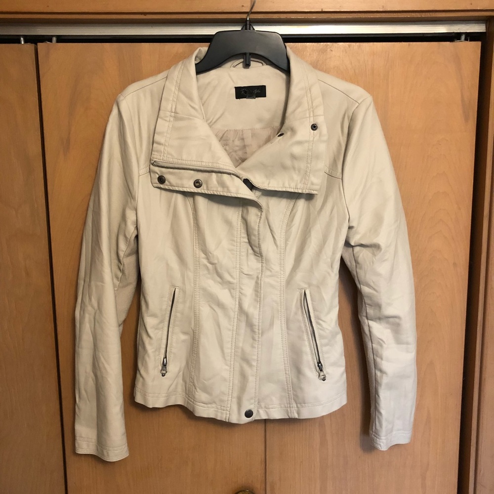 Cream faux leather moto jacket.